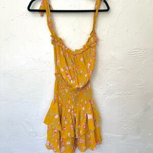 Planet Blue “Bluelife” Mustard Yellow Floral Ruched Smocked Romper Dress